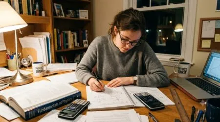 Student solving physics numerical problems at home