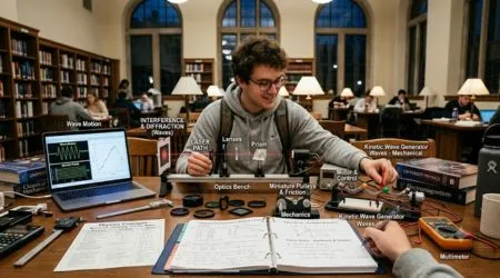 Student studying mechanics, electricity, optics and waves