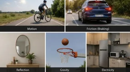 Infographic showing everyday examples of physics concepts: Motion, Friction, Reflection, Gravity, and Electricity