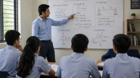 Physics teacher explaining Newton's Laws to Class 11 and 12 students in a classroom